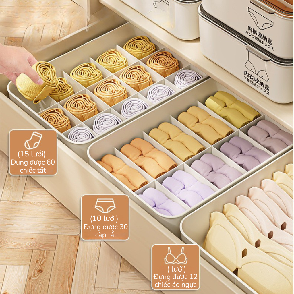 Hộp Đựng Quần Áo Có Nắp Chia Ngăn – Gấp Gọn Tiết Kiệm Diện Tích – Đựng Đồ Lót, Tất, Áo Lót