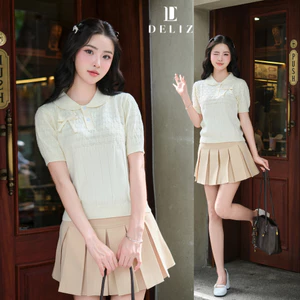 Áo len polo mùa hè cho nữ đính nơ dệt kim cao cấp màu be tiểu thư PL28 DELIZ 250G
