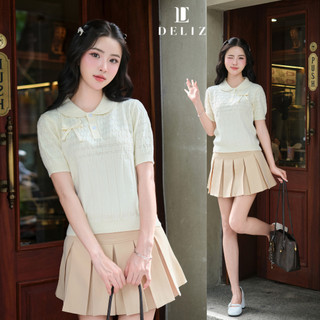 Áo len polo mùa hè cho nữ đính nơ dệt kim cao cấp màu be tiểu thư PL28 DELIZ 250G
