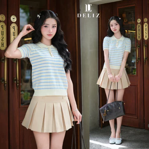 Áo len nữ cộc tay mùa hè phối cúc đồng cổ đức kẻ ngang màu xanh thanh lịch PL34 cao cấp DELIZ