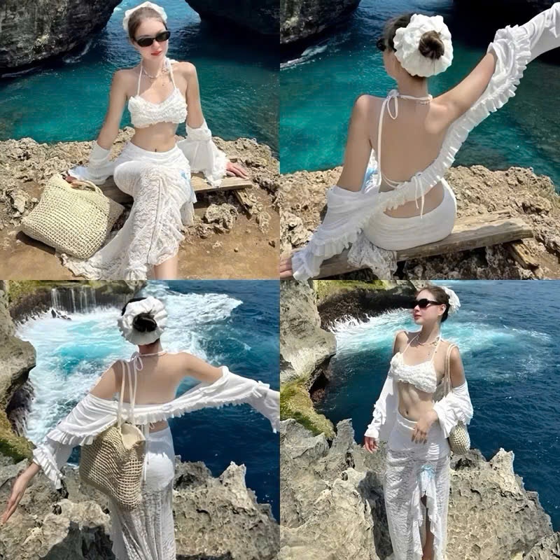 [BKN 052] Bikini đồ bơi đi biển 3 món BRA LƯỚI TẦNG, VÁY REN XẺ TÀ , chất lưới tiểu thư mềm sang chảnh HAN.T SHOP