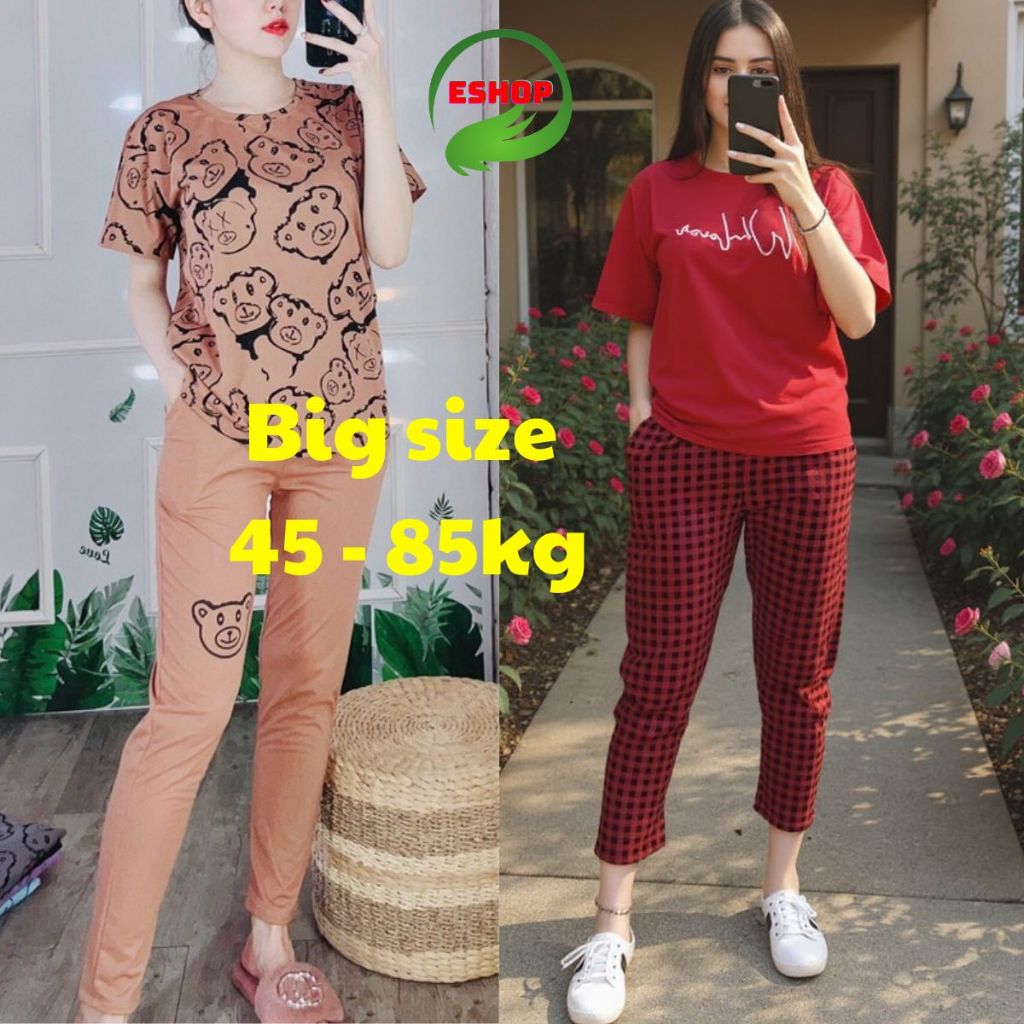 Đồ bộ mặc nhà ESHOP bigsize thun cottton quần dài thể thao ngủ đi chơi mùa hè trung niên đẹp dễ thương DB02