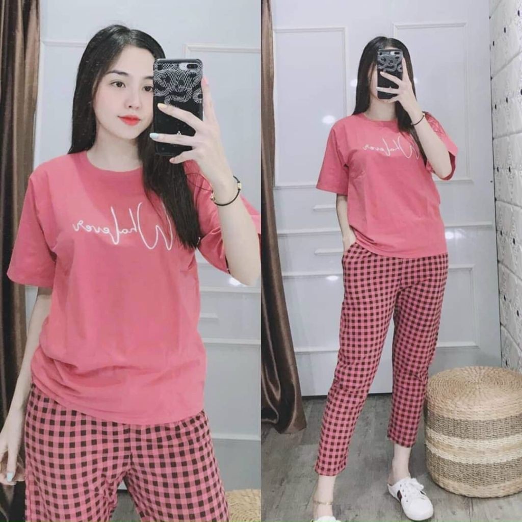 Đồ Bộ Nữ Mặc Nhà Chất Thun Cotton Co Giãn - Áo Tay Ngắn Phối Quần Dài Caro ESHOP Bigsize 43-85kg