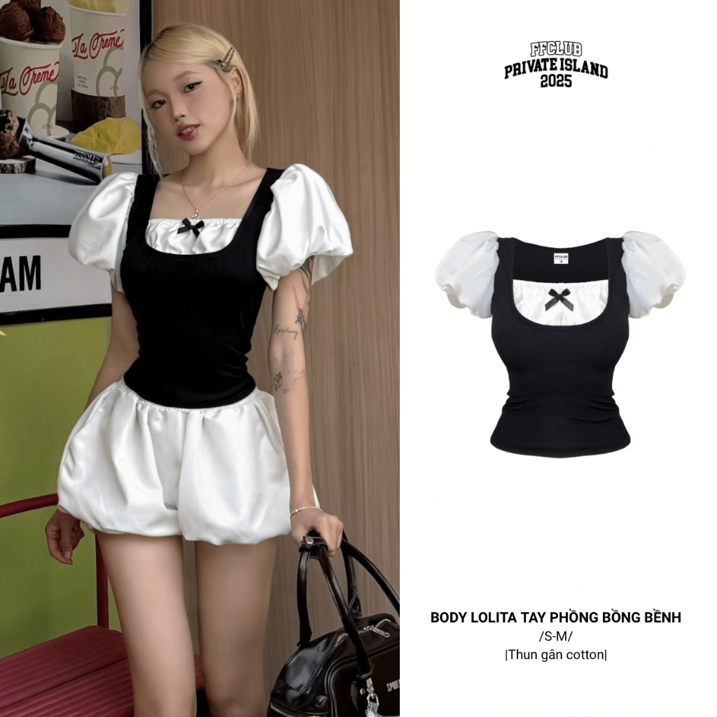 Áo body LOLI form ôm body tôn dáng Phong cách Coquette tay phồng bồng bềnh FFCLUB mix