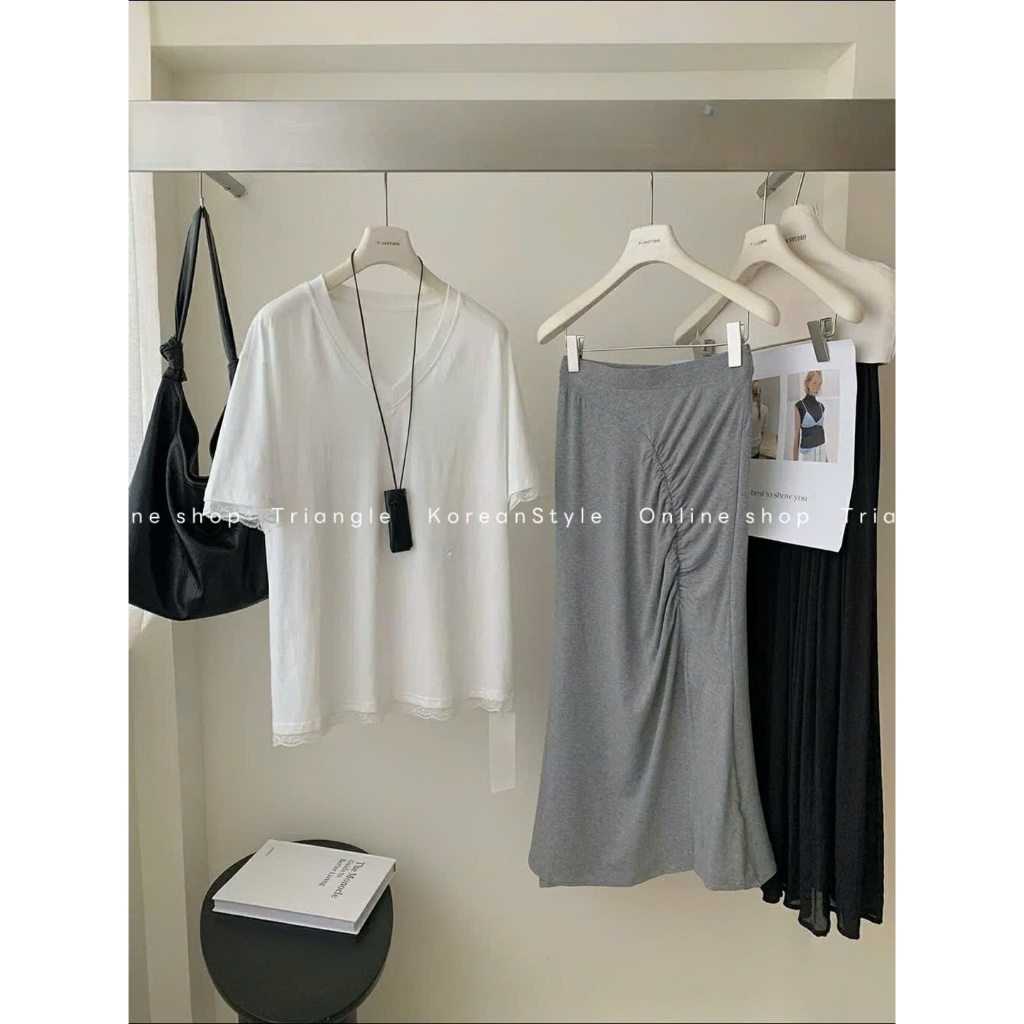 Triangle - Double Set - Set áo thun phối ren mix chân váy đuôi cá chun phong cách Hàn Quốc, chất cotton mềm mại, dễ mặc