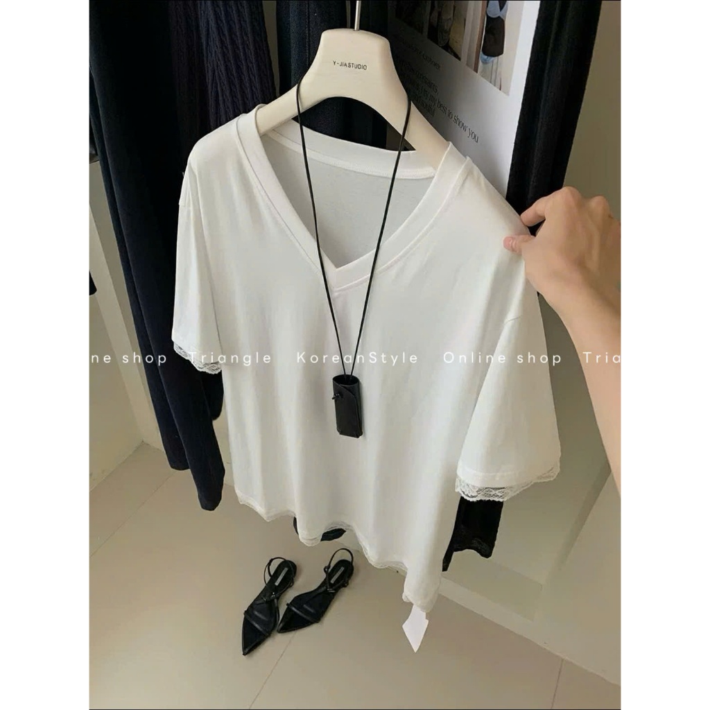 Triangle - Double Set - Set áo thun phối ren mix chân váy đuôi cá chun phong cách Hàn Quốc, chất cotton mềm mại, dễ mặc