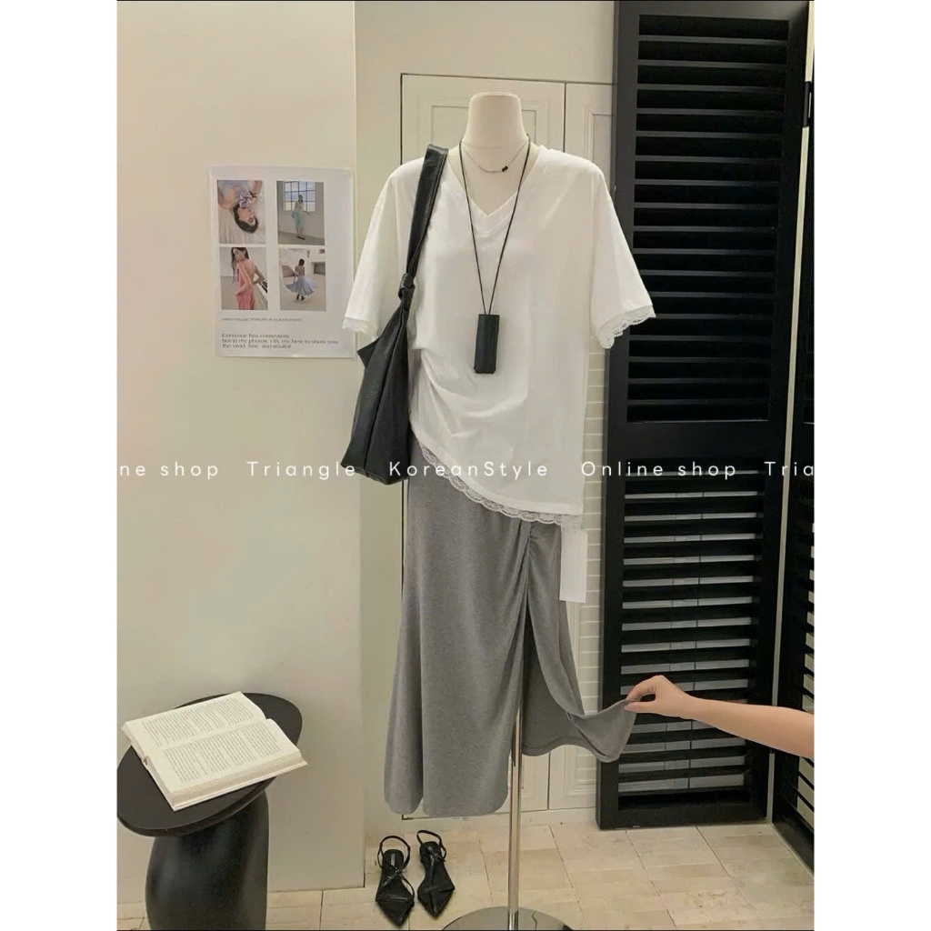 Triangle - Double Set - Set áo thun phối ren mix chân váy đuôi cá chun phong cách Hàn Quốc, chất cotton mềm mại, dễ mặc