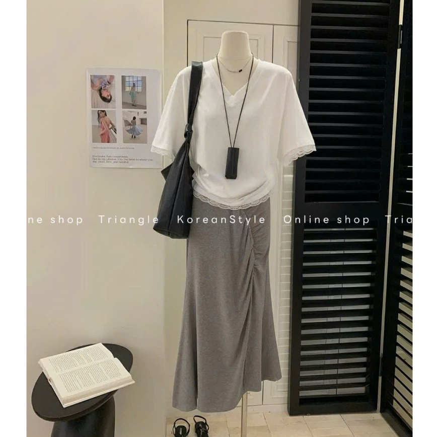 Triangle - Double Set - Set áo thun phối ren mix chân váy đuôi cá chun phong cách Hàn Quốc, chất cotton mềm mại, dễ mặc