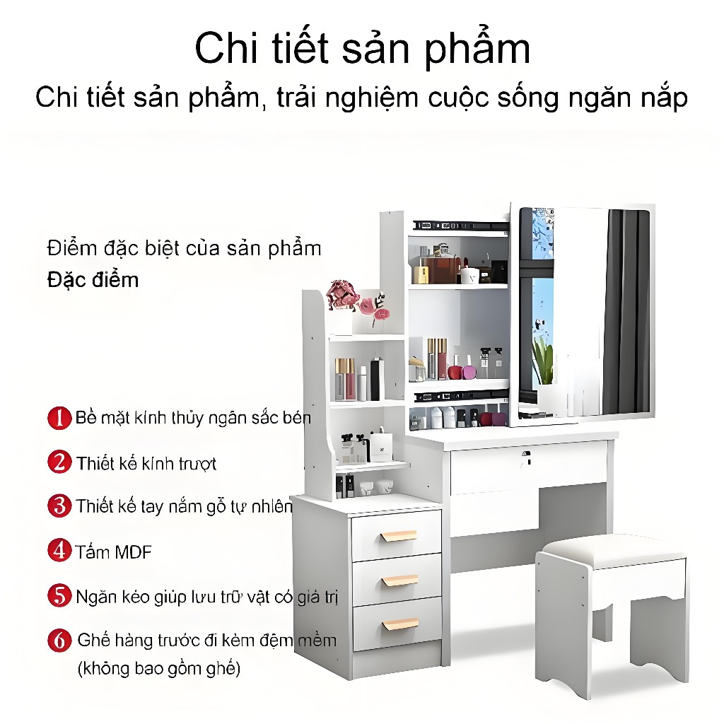SUNNY Bàn trang điểm nội thất Bộ bàn trang điểm cá nhân kết hợp ghế và gương kéo thông minh có đèn
