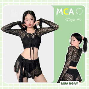 Bikini Set 3 món len ren trắng kem cho các nàng đi biển