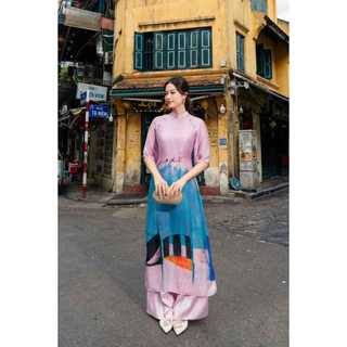 Áo dài Lamia Design AD133 chất liệu tơ Hàn, gam màu tím hồng - xanh pastel chuyển sắc, bản in 3D đẹp tinh xảo cuốn hút