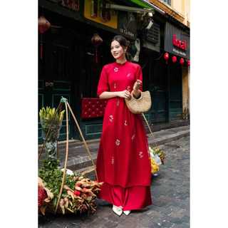 Áo dài Lamia Design AD121 tơ ánh phối lụa thêu hoa trắng thủ công kiểu cổ trụ 1 phân truyền thống