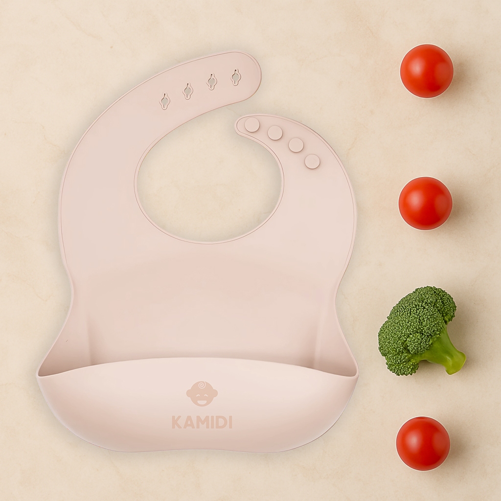 Yếm Ăn Dặm Cho Bé Kamidi Chất Liệu Silicone Cao Cấp, Yếm Ăn Dặm Chống Thấm Có Máng Hứng