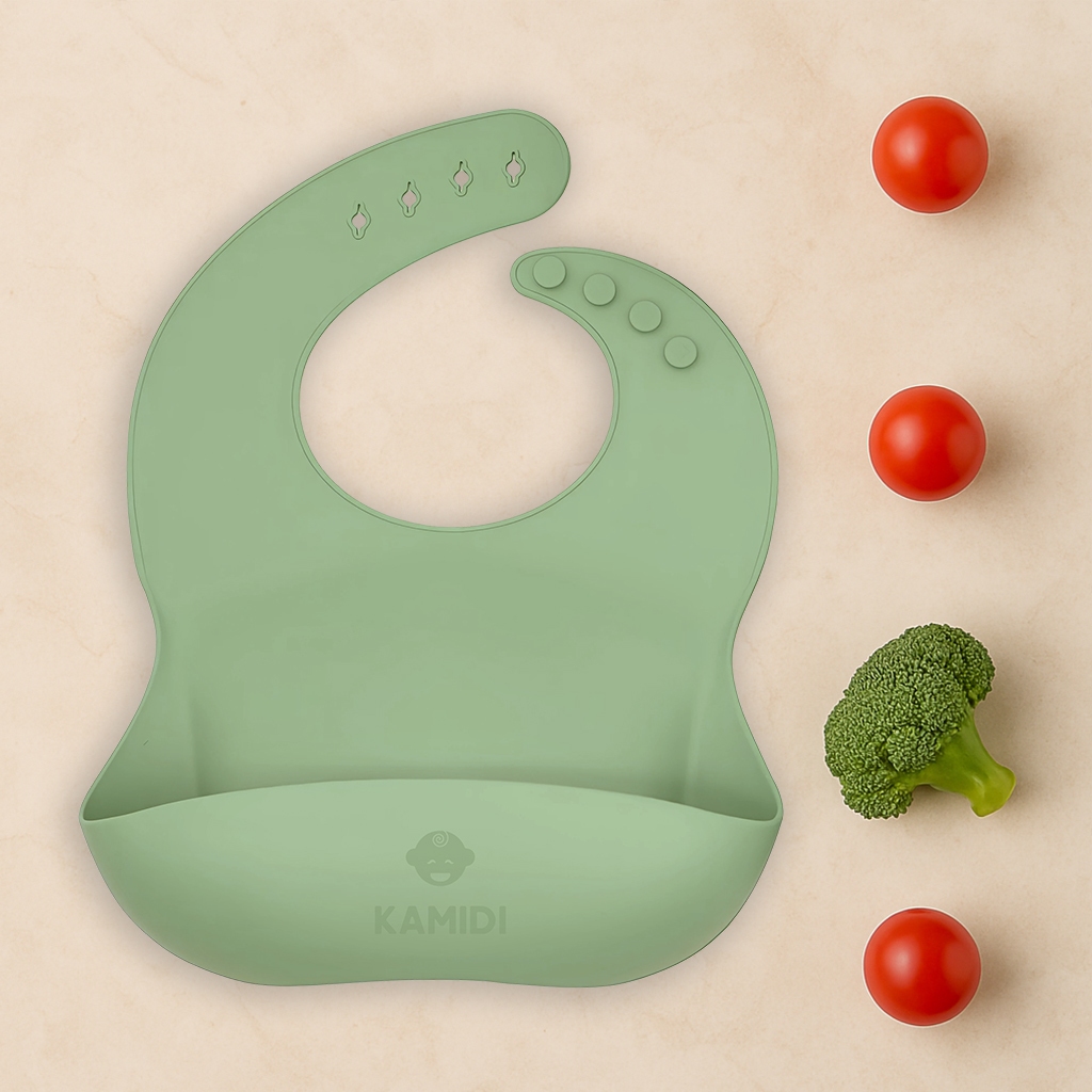 Yếm Ăn Dặm Cho Bé Kamidi Chất Liệu Silicone Cao Cấp, Yếm Ăn Dặm Chống Thấm Có Máng Hứng