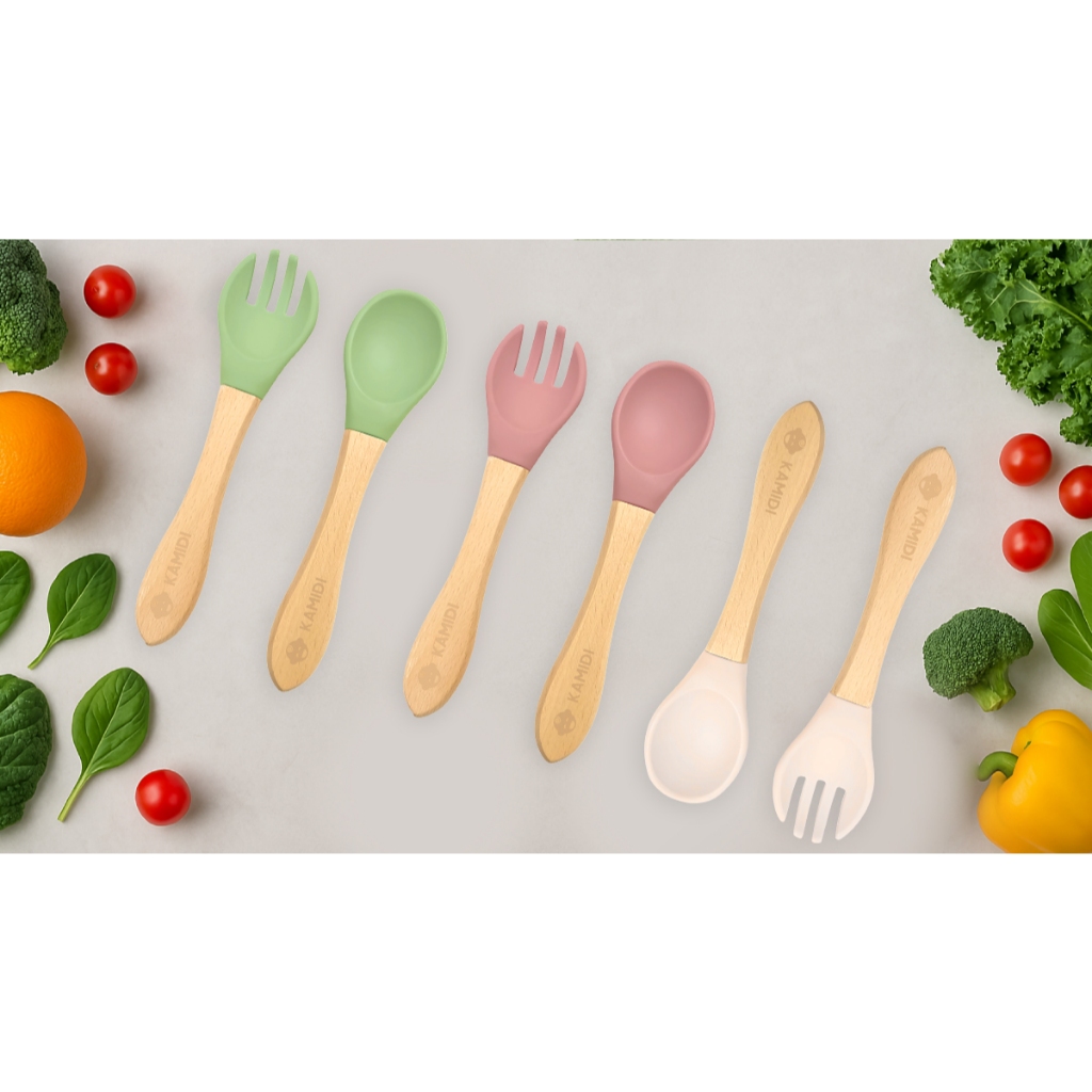 Bộ Thìa Dĩa Ăn Dặm Cho Bé Kamidi Silicone Cao Cấp Cán Gỗ An Toàn