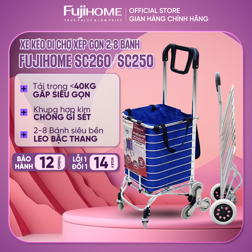 Xe kéo đi chợ leo cầu thang 8 bánh nhập khẩu FUJIHOME, xe đẩy hàng 2 - 4 bánh xếp gọn mini siêu thị, giỏ kéo có bánh xe