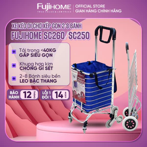 Xe kéo đi chợ leo cầu thang 8 bánh nhập khẩu FUJIHOME, xe đẩy hàng 2 - 4 bánh xếp gọn mini siêu thị, giỏ kéo có bánh xe
