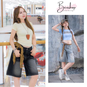 Quần Short Jean Nữ Suông Ống Rộng Lưng Cao Dáng Lửng Form Ngắn Ngang Gối Basic Phong Cách Hàn Quốc