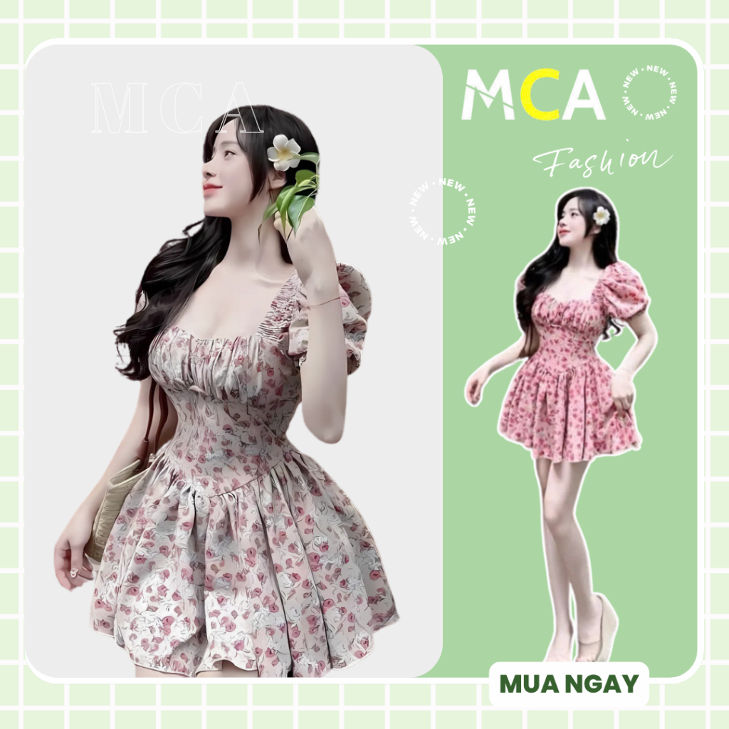 Đầm lụa hoa tay búp ( có mút ngực ) xoè kèm quần rời, cổ vuông MCA phong cách tiểu thư [ Video sp thực tế ]