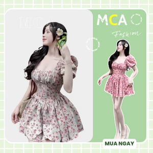 Đầm lụa hoa tay búp ( có mút ngực ) xoè kèm quần rời, cổ vuông MCA phong cách tiểu thư [ Video sp thực tế ]