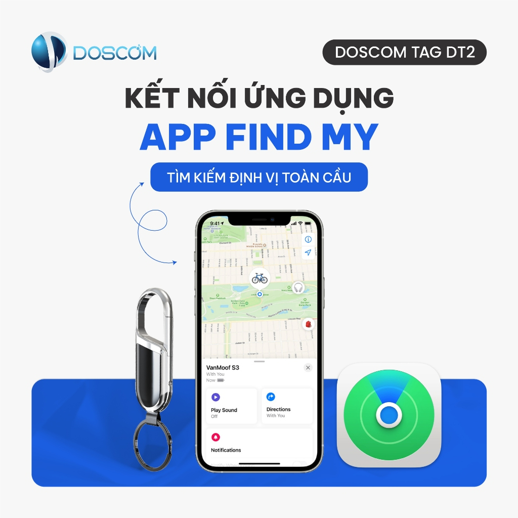 Định Vị Siêu Nhỏ Không Cần Sim Cho iPhone, Doscom Tag DT2, Gắn Chìa Khóa/Túi/Ví , Pin 365 ngày