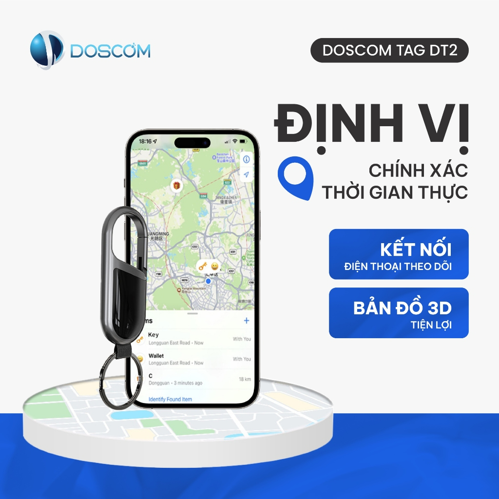 Định Vị Siêu Nhỏ Không Cần Sim Cho iPhone, Doscom Tag DT2, Gắn Chìa Khóa/Túi/Ví , Pin 365 ngày