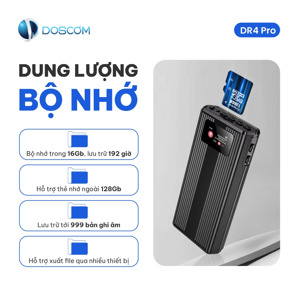 Máy Ghi Âm Chuyên Nghiệp Siêu Lọc Âm Doscom DR4 Pro Pin 500 Giờ - Chip Thế Hệ Mới