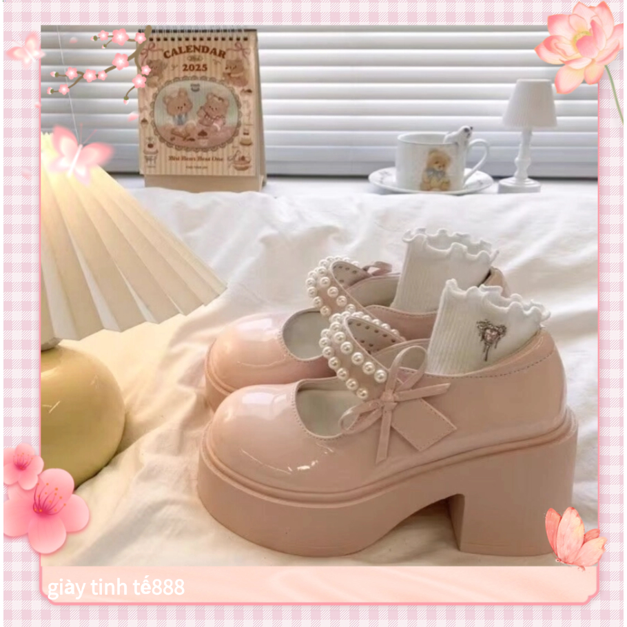Giày JK nữ Nhật Bản Mary Jane 8cm đế cao nơ ngọc trai lolita vintage giày nữ học sinh công chúa dễ thương