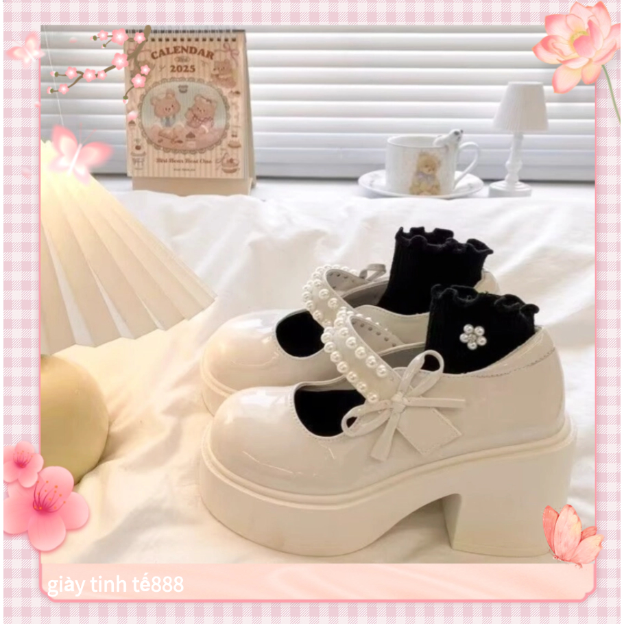 Giày JK nữ Nhật Bản Mary Jane 8cm đế cao nơ ngọc trai lolita vintage giày nữ học sinh công chúa dễ thương