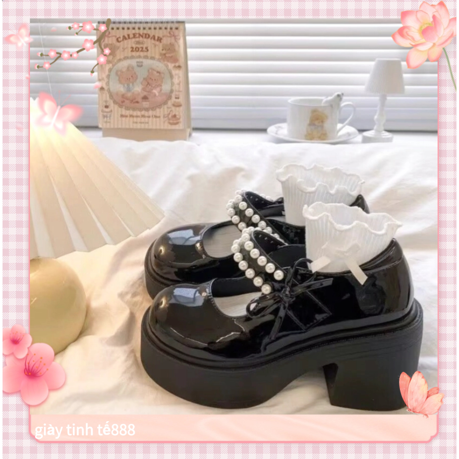 Giày JK nữ Nhật Bản Mary Jane 8cm đế cao nơ ngọc trai lolita vintage giày nữ học sinh công chúa dễ thương