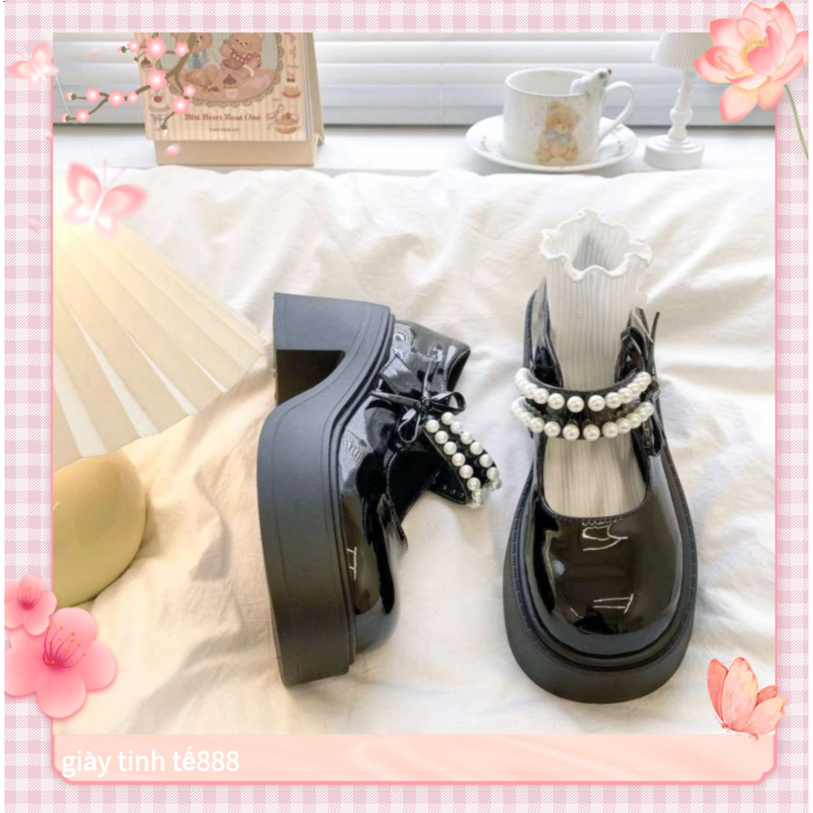 Giày JK nữ Nhật Bản Mary Jane 8cm đế cao nơ ngọc trai lolita vintage giày nữ học sinh công chúa dễ thương