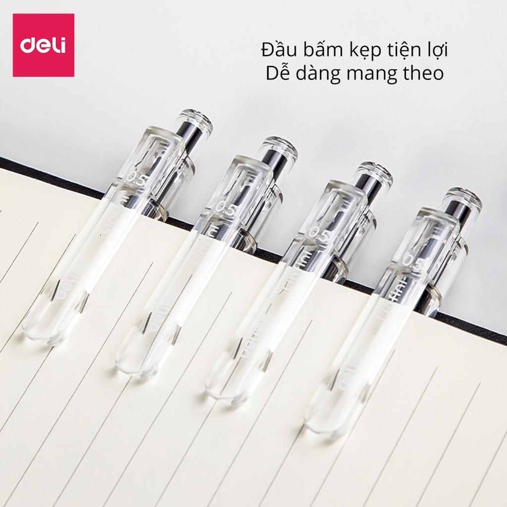 Combo Hộp Bút Gel Deli A575 Mực Gel 0.5mm Kèm 10 Ruột Bút Thay Thế Mực Đen, Xanh, Đỏ