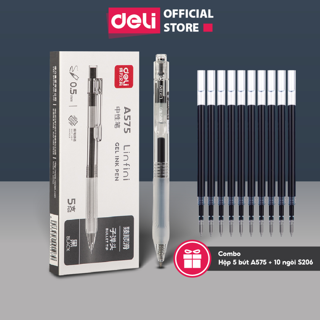 Combo Hộp Bút Gel Deli A575 Mực Gel 0.5mm Kèm 10 Ruột Bút Thay Thế Mực Đen, Xanh, Đỏ