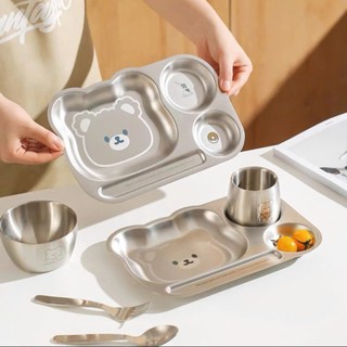 Set Ăn Dặm [478] Inox 304 Mẫu Gấu Cho Bé, 5 Món Gồm Bát, Khay, Cốc, Thìa, Nĩa  chống nóng dễ dùng có hộp