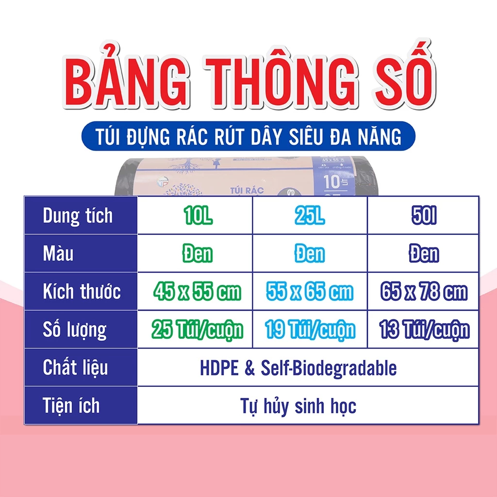 Túi Đựng Rác Tự Phân Huỷ Có Dây Rút 10 lít,25 lít, 50 lít  Chính Hãng vipaco