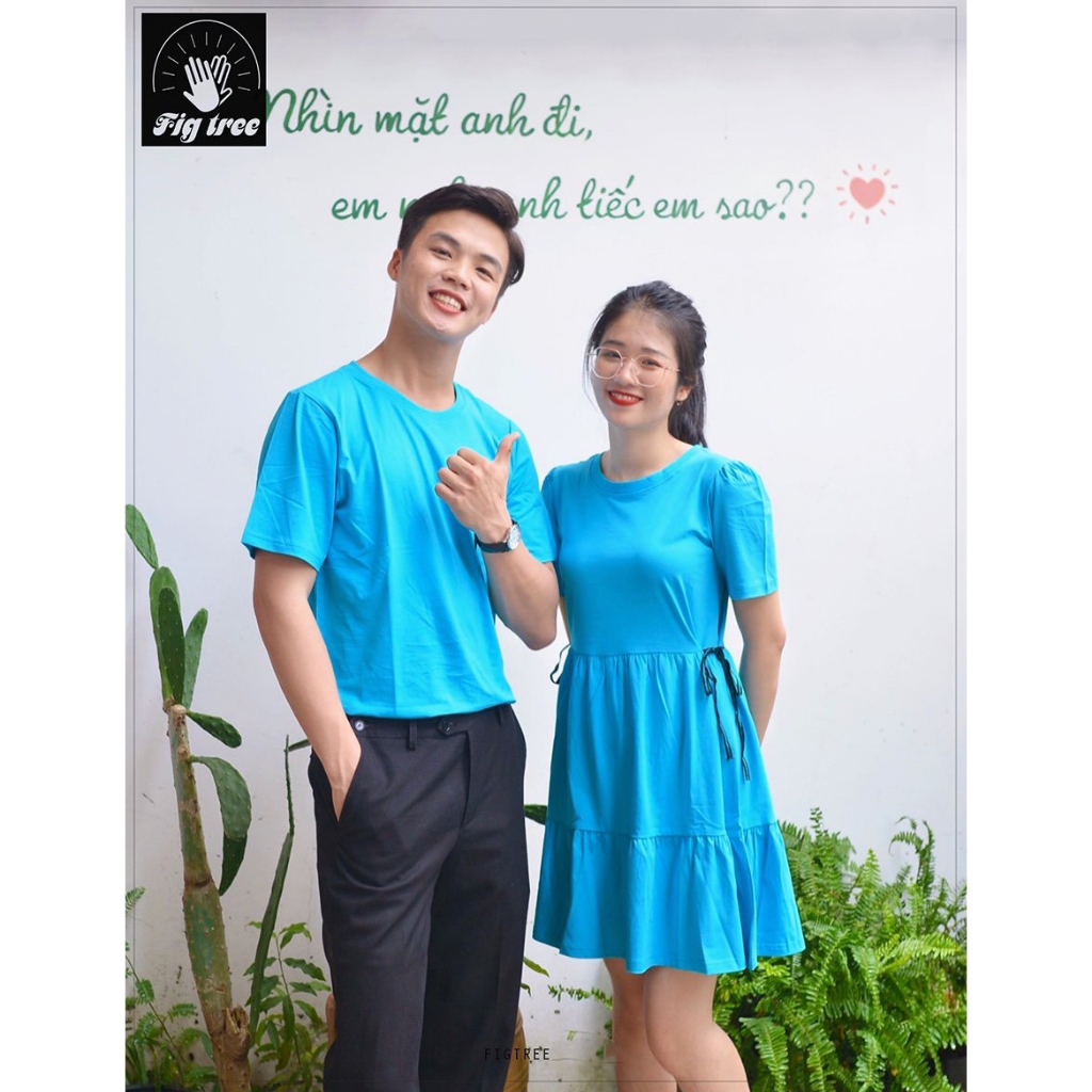 Áo Váy Thun Đôi Cotton Fig Tree Màu Xanh Ngọc in hình Be Happy, Váy Nữ Nơ Eo Siêu Xinh