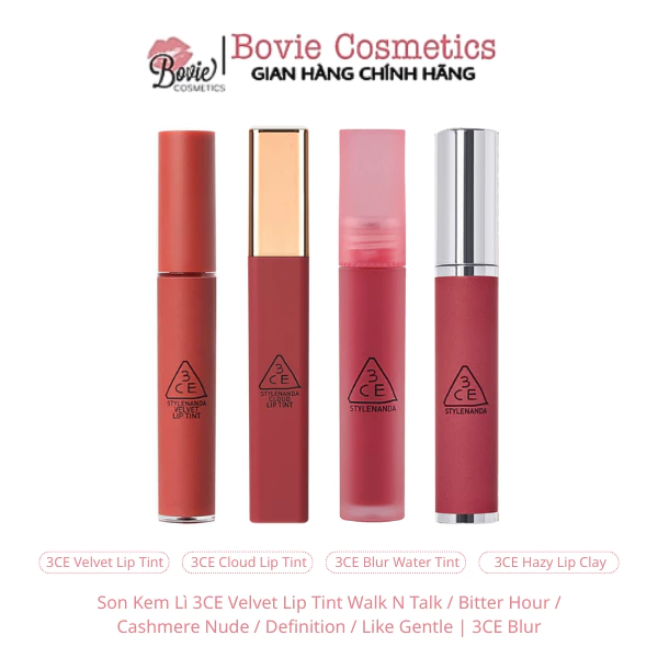 Son Kem Lì 3CE Velvet Lip Tint Walk N Talk / Bitter Hour / Cashmere Nude / Definition / Like Gentle | 3CE Blur
