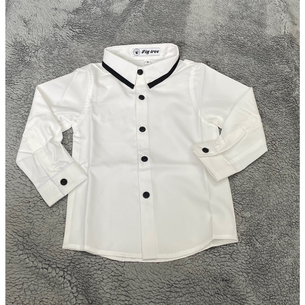 Áo Sơ Mi Bé Thương Hiệu Fig Tree Màu Trắng Viền Cổ Màu Đen Siêu Cute Đi Tiệc, Size 8-37kg, Chất Mềm