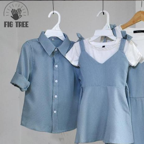 Áo Sơ Mi Bé Trai, Váy Yếm Bé Gái Fig Tree Sọc Xanh Xám Nhẹ Nhàng, Mã 163