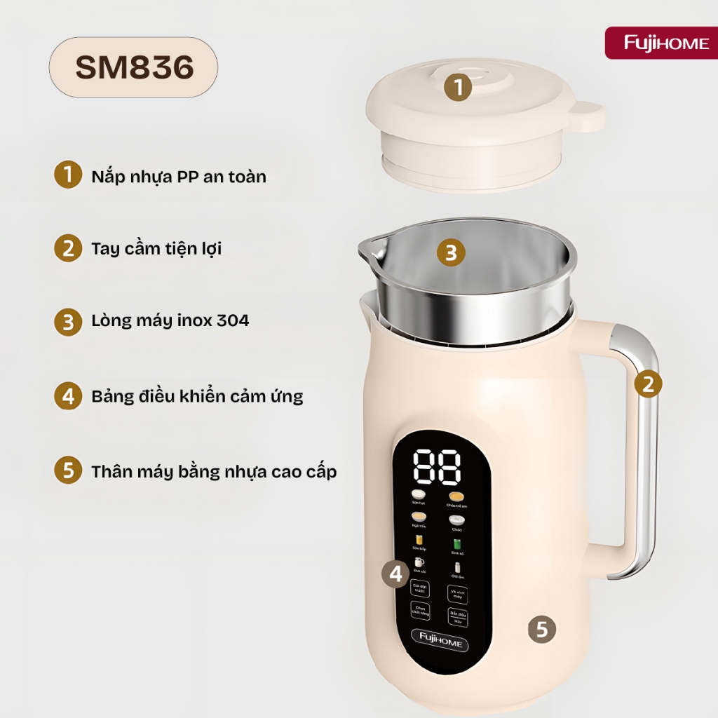 Máy sữa hạt đa di năng gia đình Nhập Khẩu FUJIHOME SM836, Máy xay sinh tố cháo bột cối an toàn công suất lớn