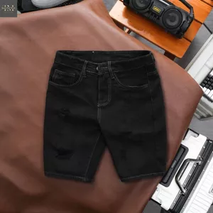 Quần short jean nam - QUẦN BÒ NGẮN màu ĐEN CÓ CÀO RÁCH PHÍA TRƯỚC VẢI DENIM COTTON,co dãn 4 chiều