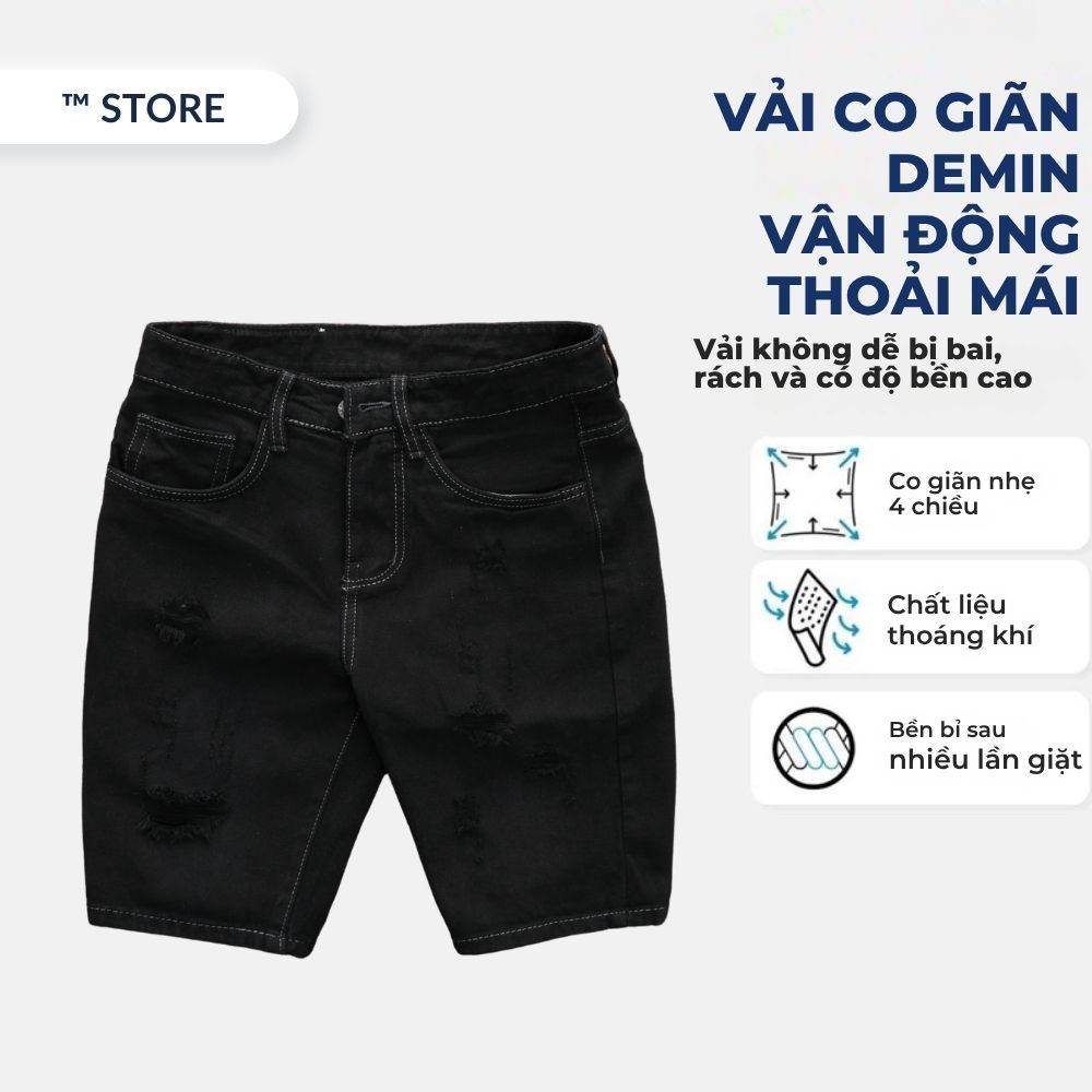 Quần short jean nam - QUẦN BÒ NGẮN màu ĐEN  CÓ CÀO RÁCH PHÍA TRƯỚC VẢI DENIM COTTON,co dãn 4 chiều