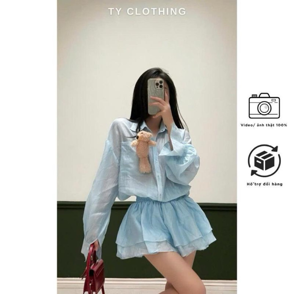 Váy sơ mi tơ (kèm gấu)-Hàng thiết kế-màu Xanh baby-TYCLOTHING