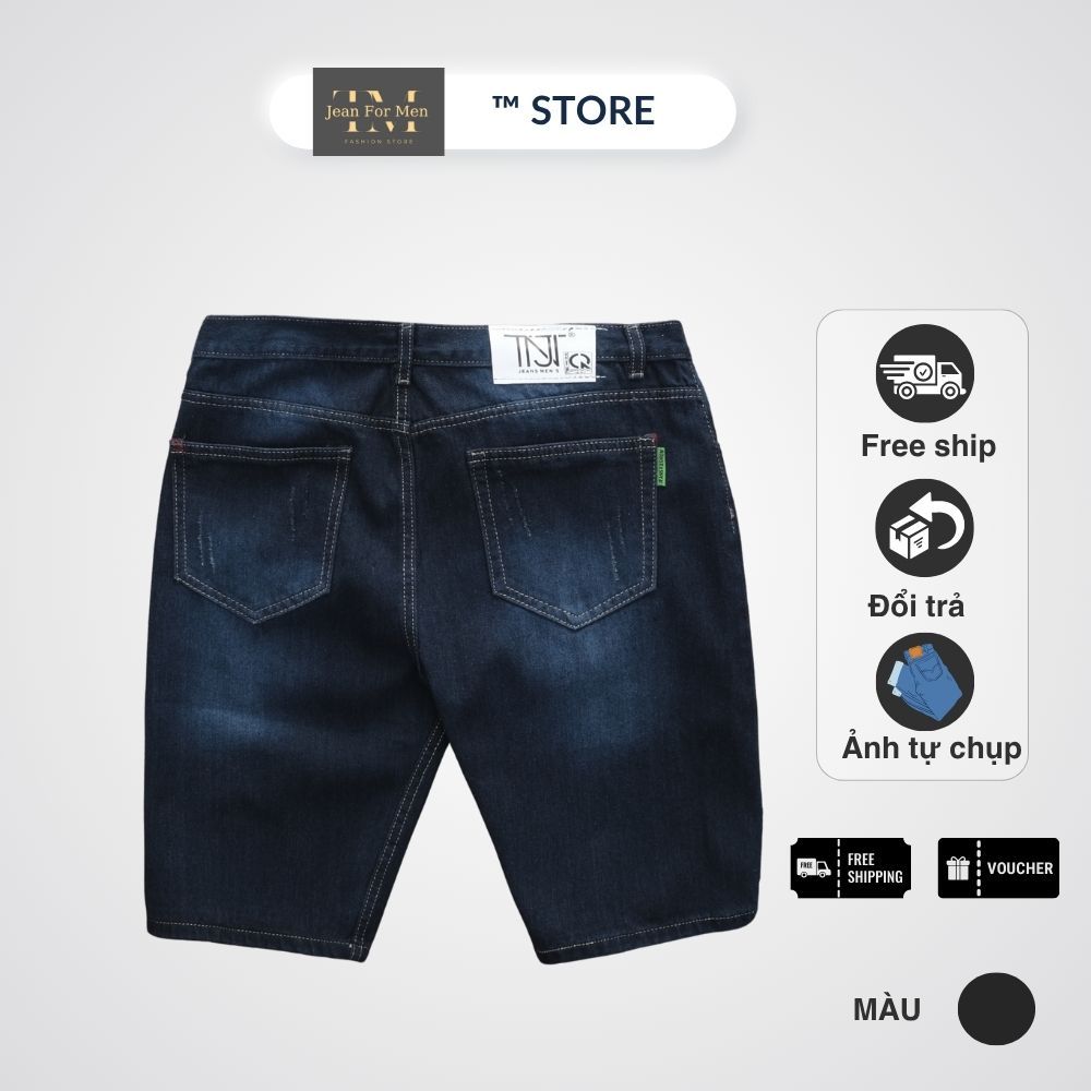 Quần Short Jean Nam Xanh Đen Basic Was Sáng, Vải Denim Cotton Cao Cấp