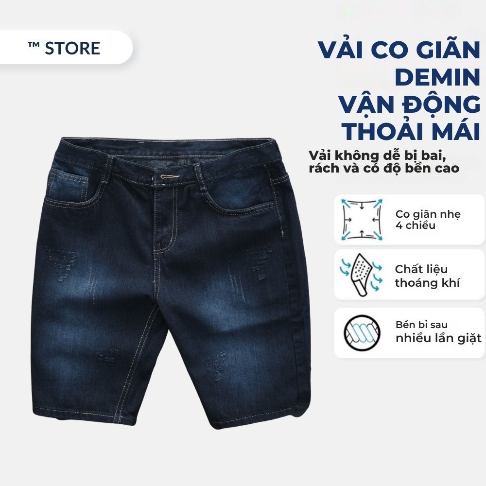 Quần Short Jean Nam Xanh Đen Basic Was Sáng, Vải Denim Cotton Cao Cấp