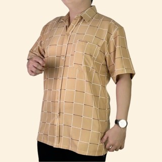 Áo Sơ Mi Nam Trung Niên K_1975 Ngắn Tay Họa Tiết Caro Vải Lụa Hàn Mềm Mát Không Nhăn