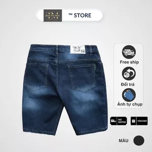 Quần Short Jean Nam Co Giãn 4 Chiều, Xanh Đậm Wash Sáng, Form Slimfit Trẻ Trung