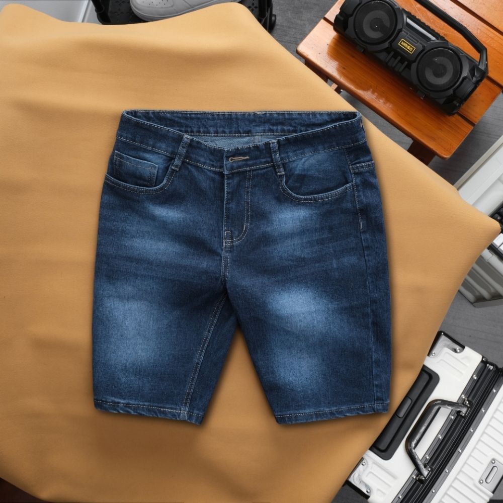 Quần Short Jean Nam Co Giãn 4 Chiều, Xanh Đậm Wash Sáng, Form Slimfit Trẻ Trung | BigBuy360 - bigbuy360.vn