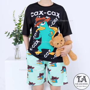 Set bộ Vịt Pery Đen cotton quần áo hoạt hình hoạ tiết đáng yêu Bộ mặc nhà Cartoon form rộng Unisex nam nữ TUEANHSTORE