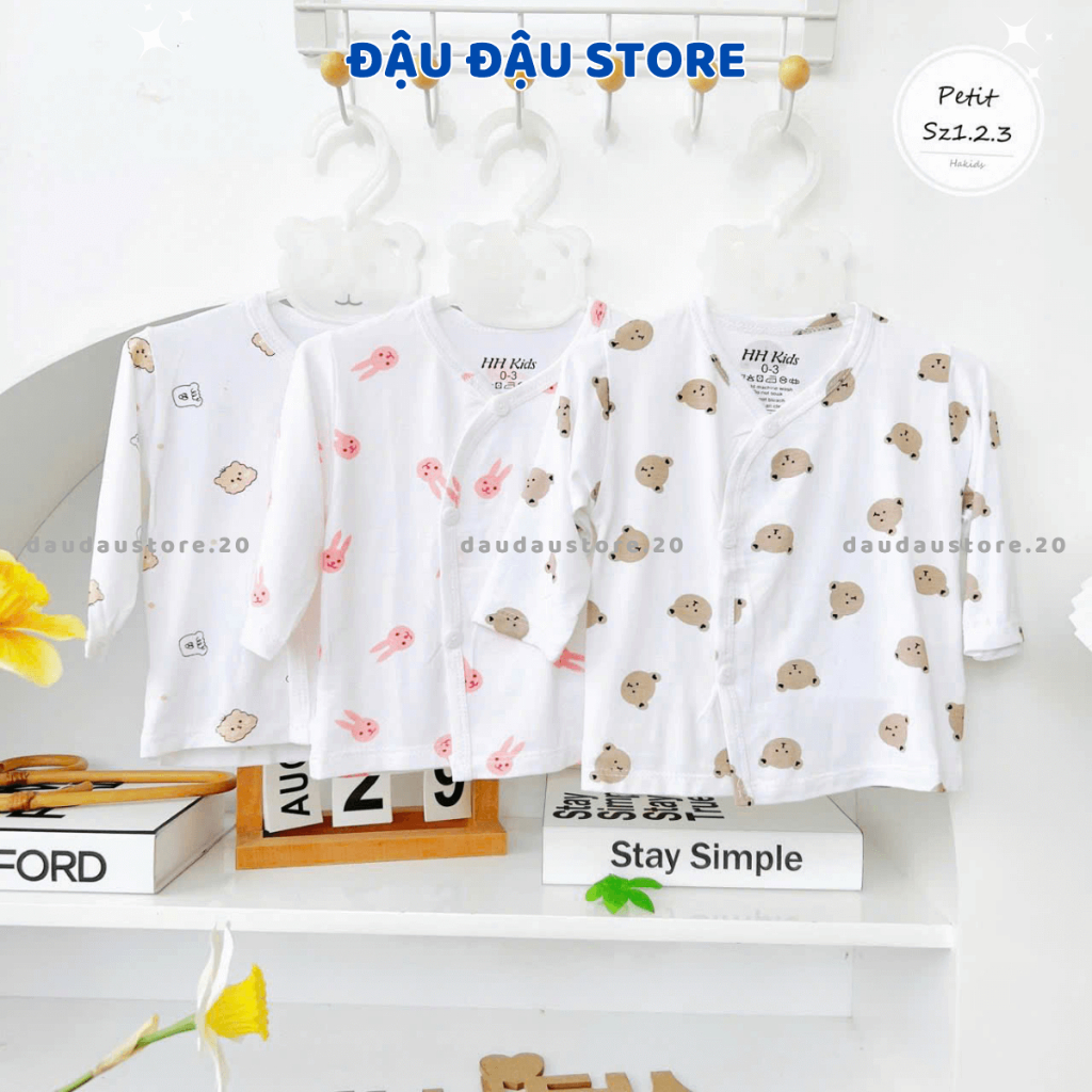 (Áo Dài Trắng) Set 3/5 Áo Dài Tay Vạt Chéo HH Nền Trắng In hoạ tiết cho bé sơ sinh 0-9 tháng [HH-AL07T] Đậu Đậu Store